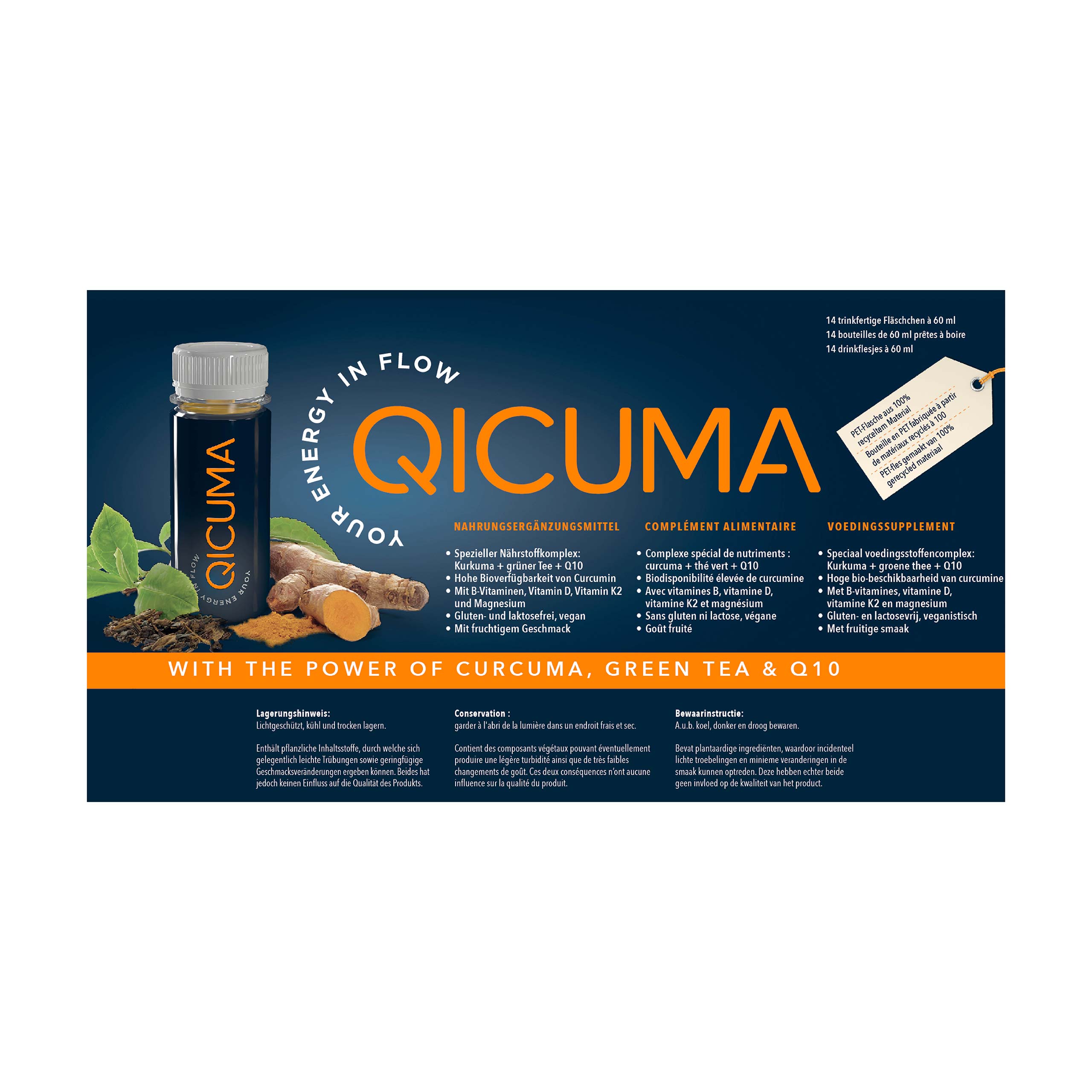 2-ugers-pakke QICUMA - Kosttilskud, der indeholder planteekstrakter, cholin, Q10, zink, magnesium og vitaminer, 14 x 60 ml